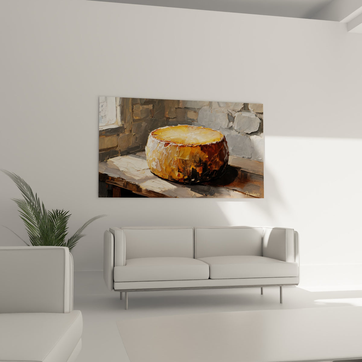 Fromage doré sur fond de pierre grise, accroché au-dessus d'un canapé dans un salon lumineux