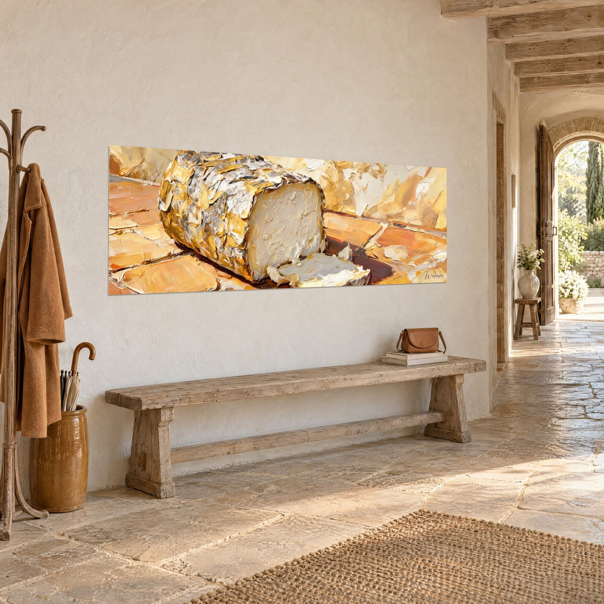 Tableau fromage de chèvre blanc tranché en peinture au couteau, croûte or et argent, carreaux ocre, mur de pierre