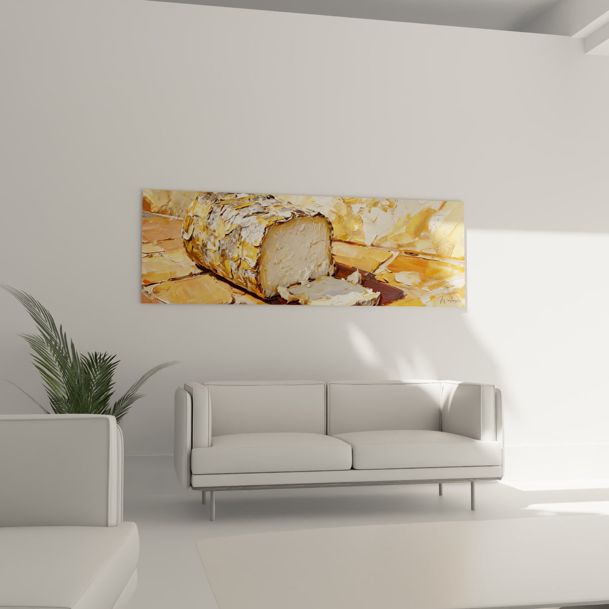 Wall art white goat cheese sliced in palette-knife painting, gold and silver rind, ochre tiles, stone wall