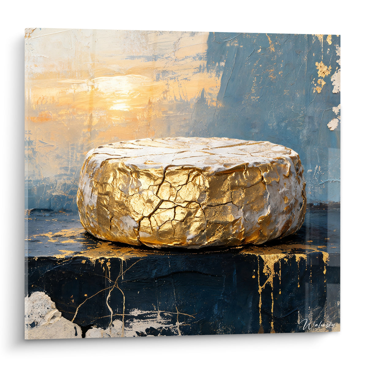 Meule de fromage doré et crayeux posée sur un socle bleu marine craquelé de lumière ambrée