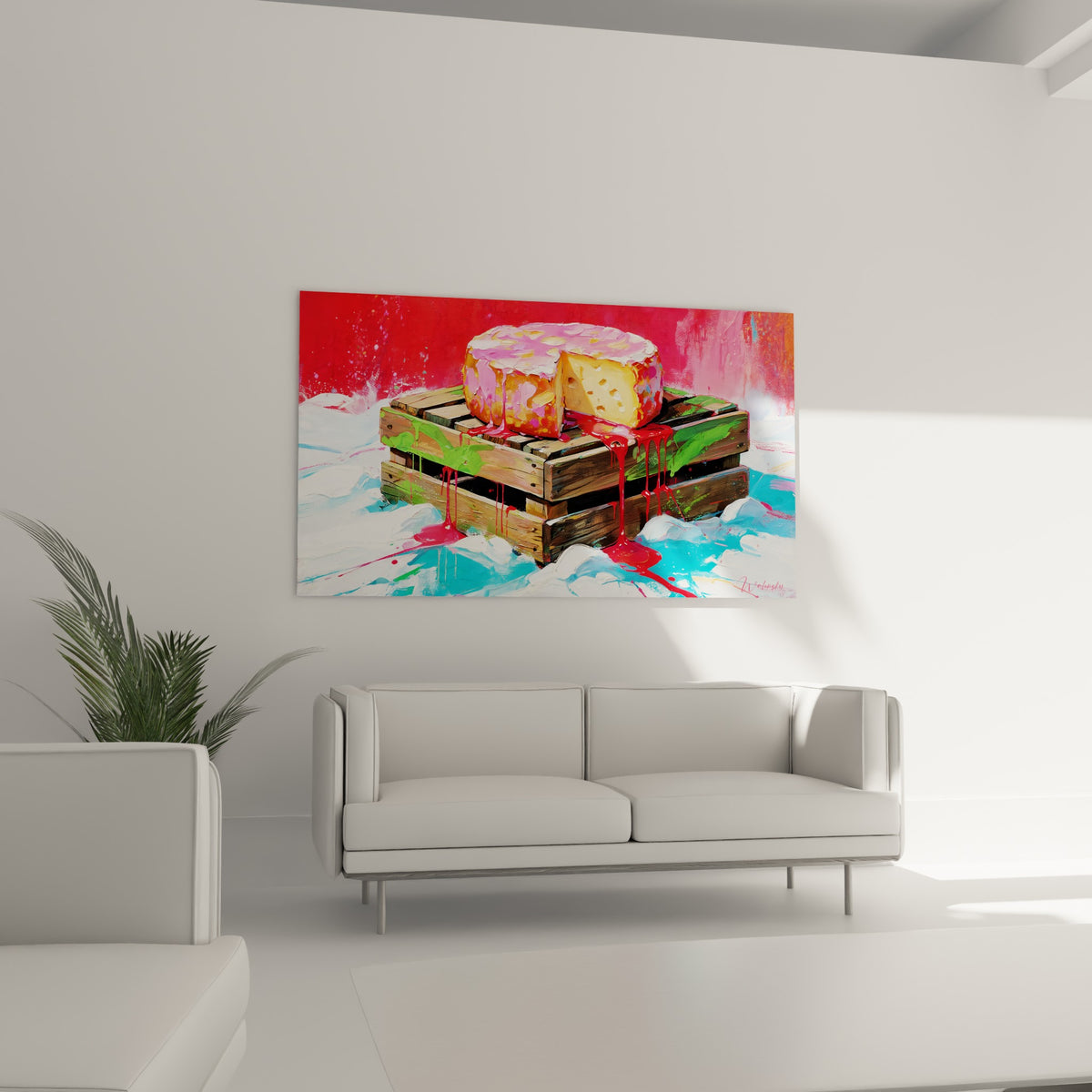 Meule fromagère rose et turquoise éclaboussée, disposée au-dessus d'un canapé dans un salon lumineux