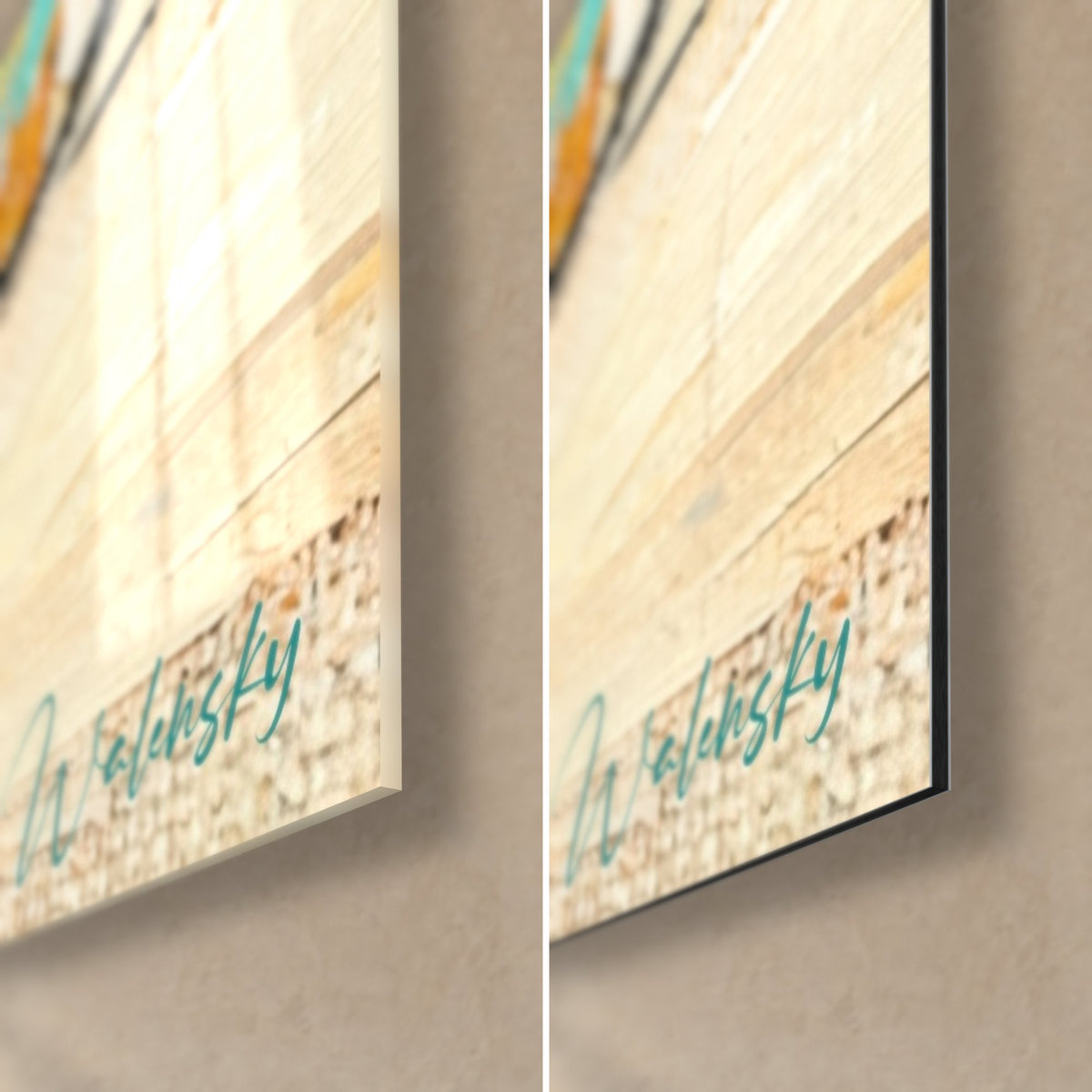 Tableau tomme dorée et turquoise, coin bas droit en verre acrylique brillant à gauche, alu Dibond mat à droite, tranche de 3 mm
