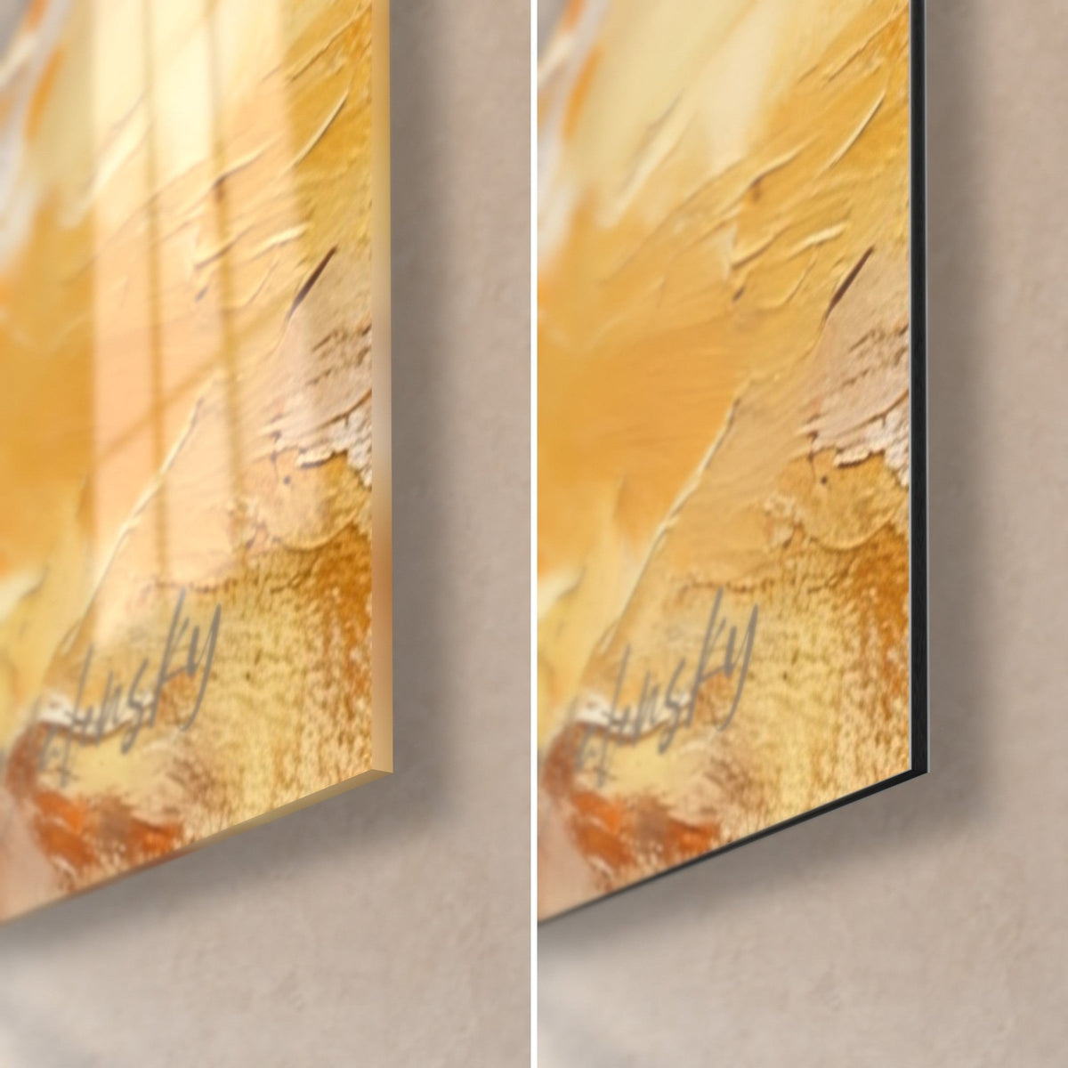 Cuadro queso de cabra en ocre y crema, esquina inferior derecha con cristal acrílico brillante a la izquierda y aluminio Dibond mate a la derecha, loncha de 3 mm