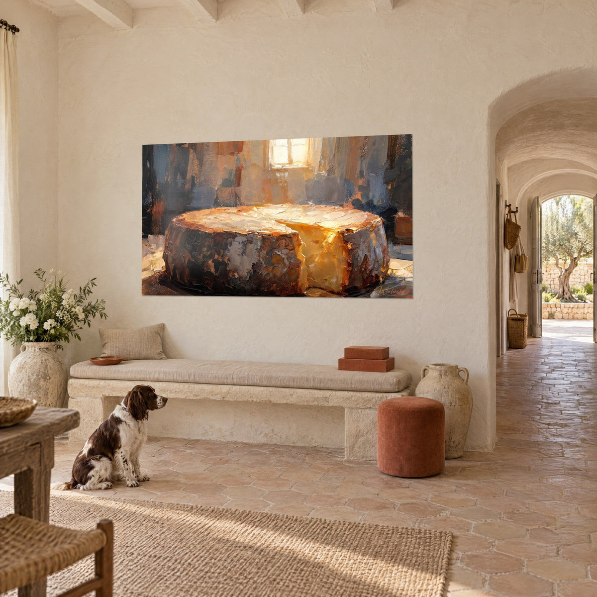 Wall art cut large hard cheese, butter-yellow paste and copper rind under a sunlit window, Provençal farmhouse, seated spaniel