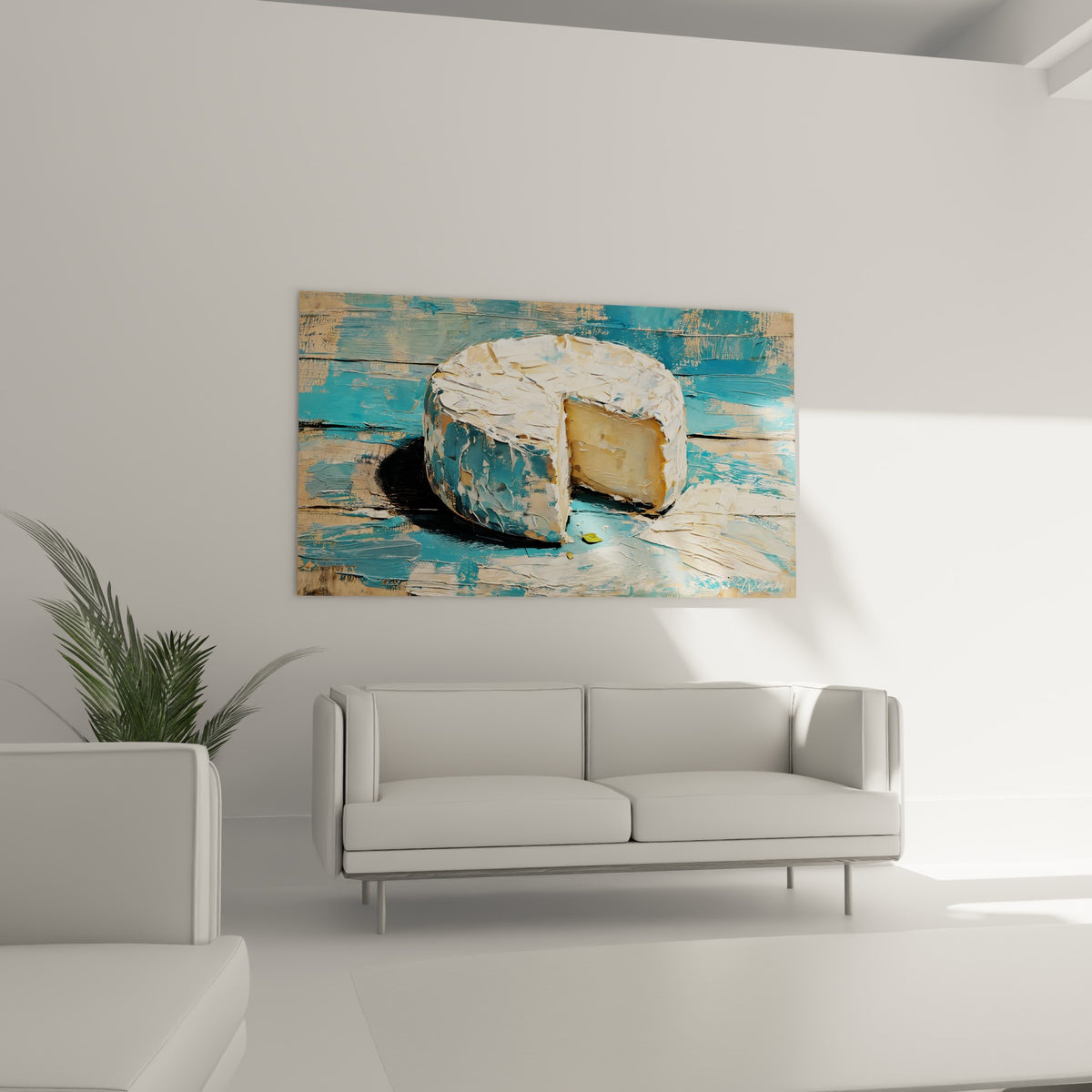 Meule fromagère bleu turquoise et blanche disposée au-dessus d'un canapé dans un salon lumineux