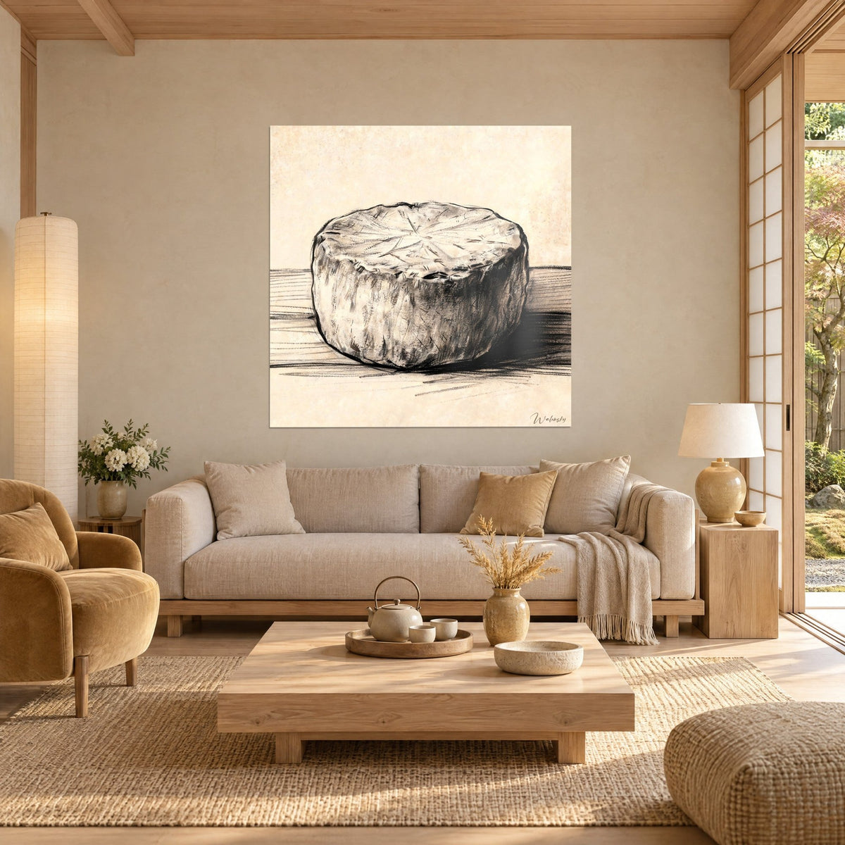 Tableau meule de fromage croquée au fusain, croûte beige et traits noirs sur fond crème, au-dessus d'un canapé dans un salon lumineux