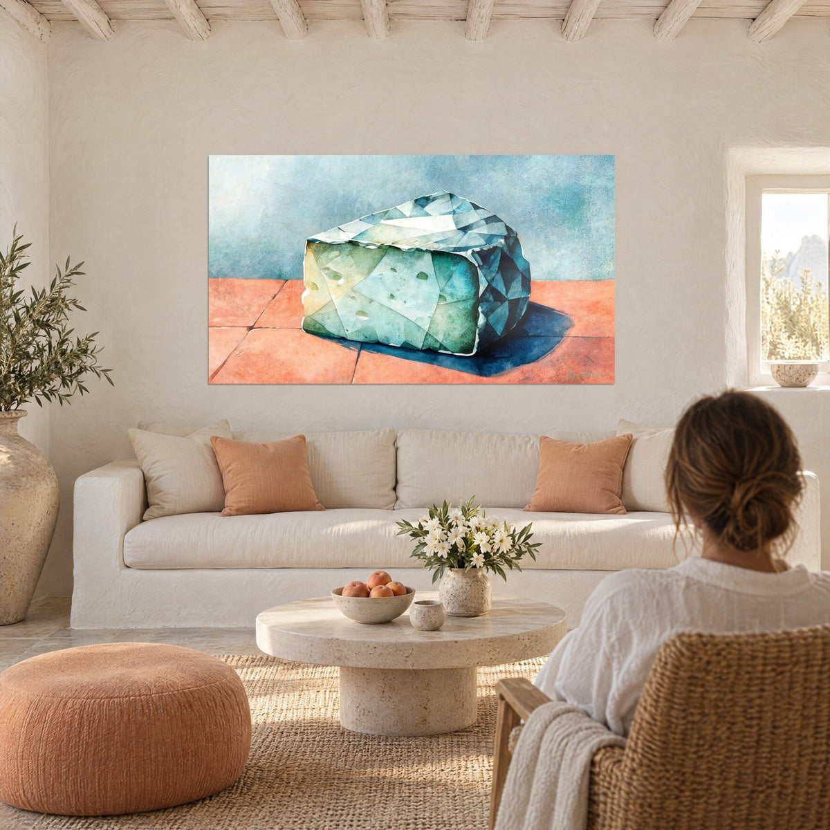Tableau bloc de fromage bleu en facettes turquoise et vert sur dalles terracotta, au-dessus d'un canapé dans un salon lumineux