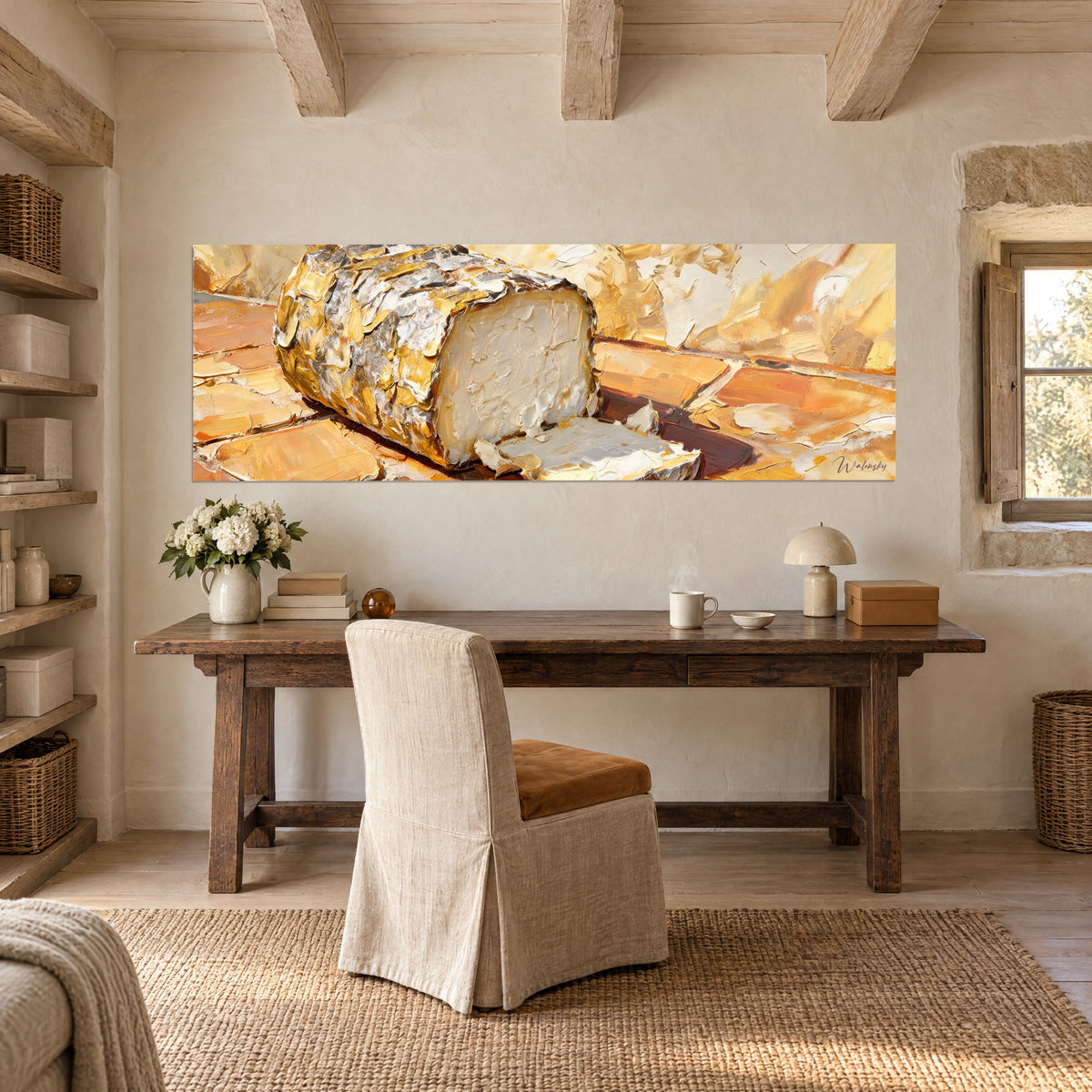 Wall art ivory goat cheese paste under hammered gold bark, orange-ochre background, hung above a wooden desk