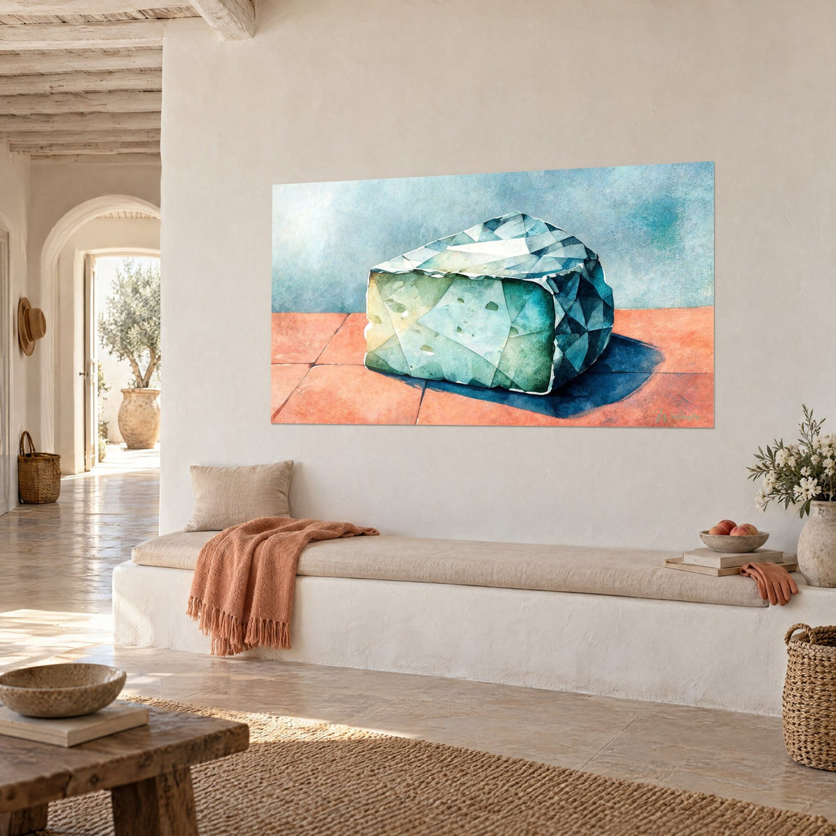 Tableau morceau de brie aquarellé aux reflets émeraude et ocre, posé sur carrelage corail, mur blanc d'une maison méditerranéenne