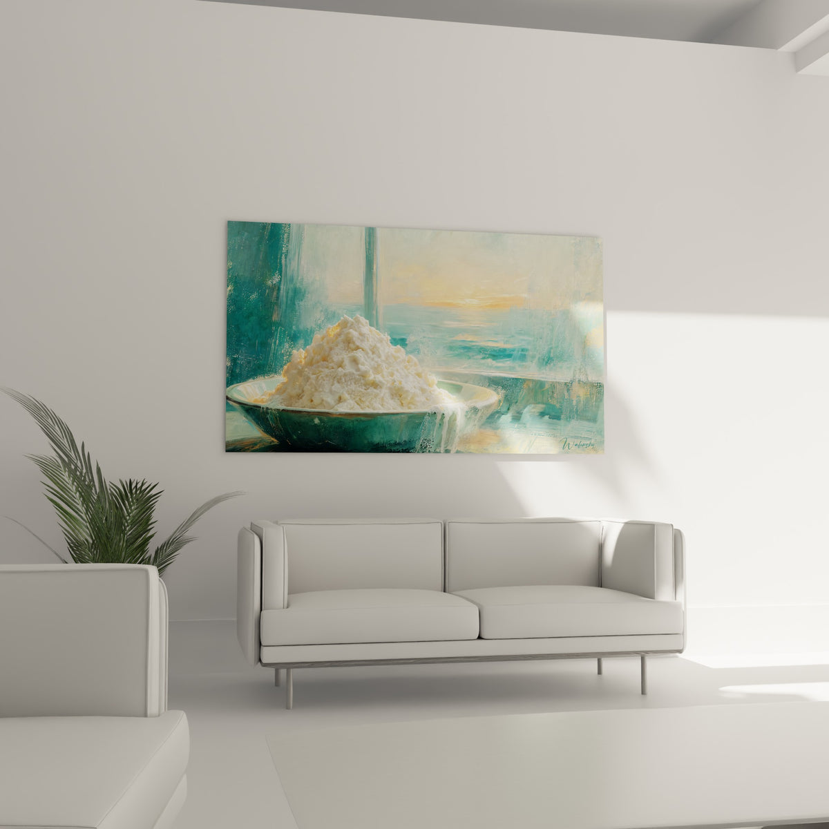 Fromage blanc granuleux et bol turquoise devant la mer dorée, au-dessus d'un canapé dans un salon lumineux