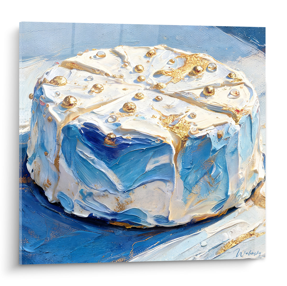 Meule de fromage blanche et bleue aux reflets dorés, peinture épaisse au couteau, fond bleu clair