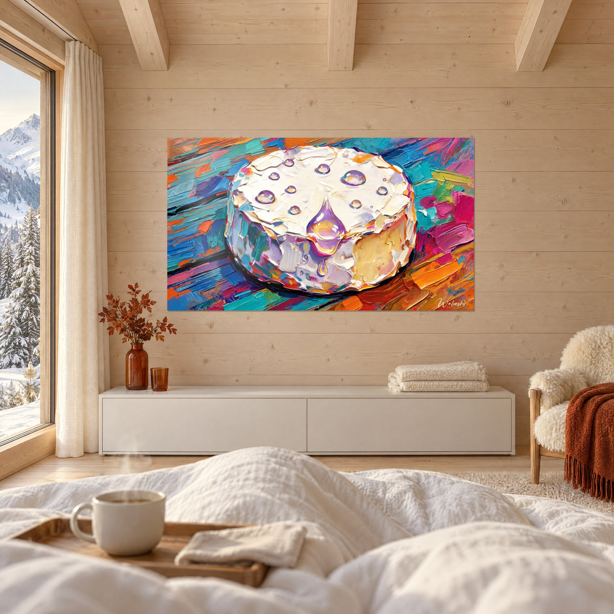 Wall art cheese with pearly rind, lilac drip at the tip, bright blue and pink background, above a bed in a light bedroom