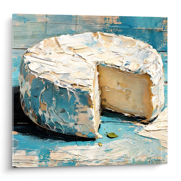Schilderij Witte en turquoise kaasblok naast een groen blad - Mesthulp - Editie Kaas