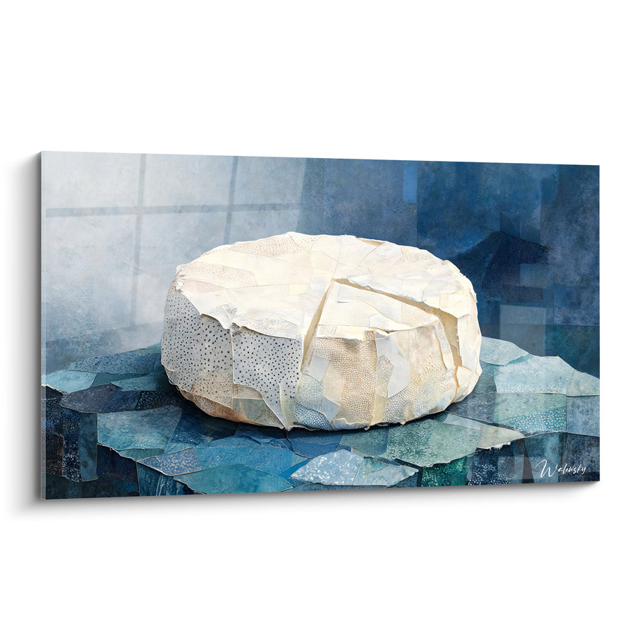 Tableau Meule de fromage ivoire et bleu en mosaïque de papier - Table en fragments - Edition Fromage