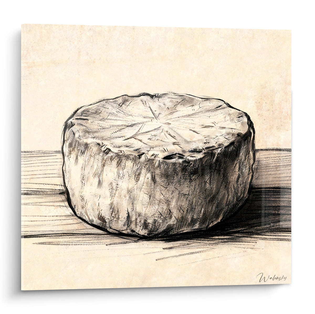 Meule de fromage beige et anthracite dessinée au fusain sur fond ivoire texturé