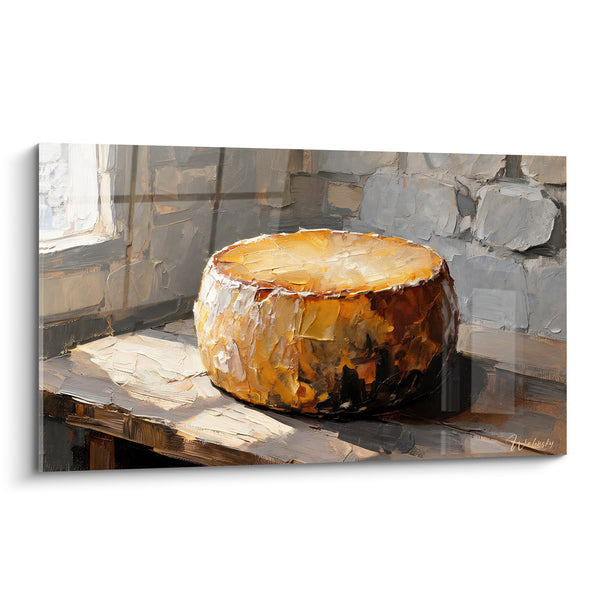 Tableau Meule de fromage dorée sur établi rustique - Affinage silencieux - Edition Fromage