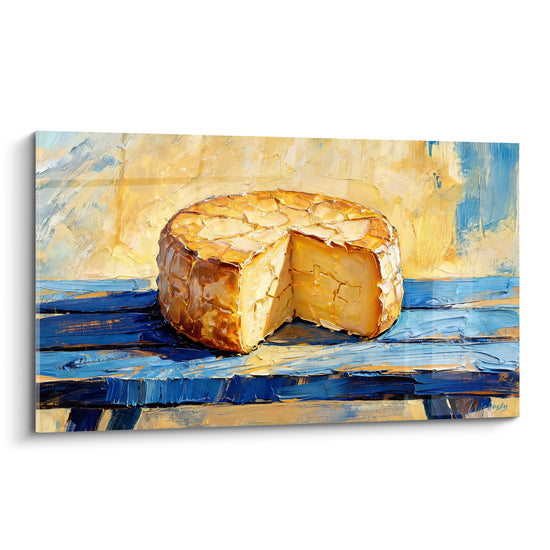 Tableau Meule entamée orange et bleu sur table peinte - Croûte lavée épaisse - Edition Fromage
