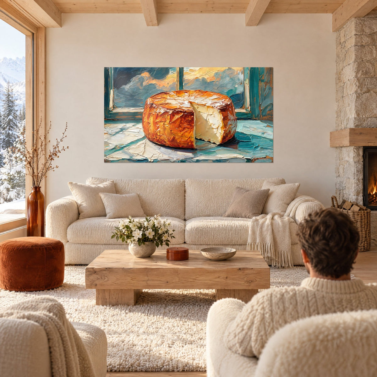 Tableau meule de fromage à croûte orange cuivrée, pâte ivoire entamée, empâtements turquoise, au-dessus d'un canapé dans un salon lumineux