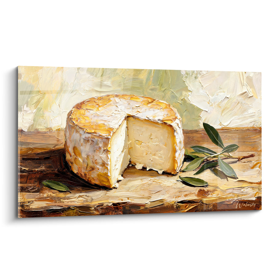 Tableau Meule blanche et dorée près d'un rameau d'olivier - Feuillage vert clair - Edition Fromage