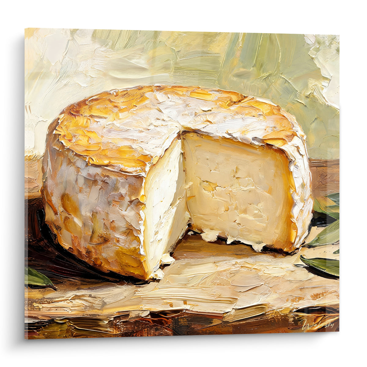 Meule de fromage entamée, croûte ocre et pâte blanc cassé, empâtement épais à la spatule sur fond vert olive
