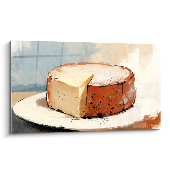 Tableau Meule entamée orange et crème sur assiette blanche - Fenêtre à carreaux bleutée - Edition Fromage