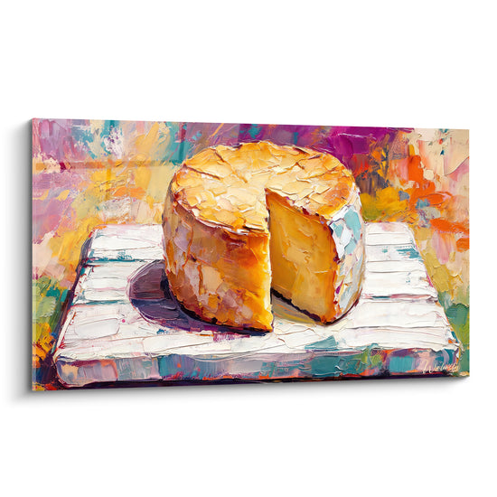 Tableau Meule entamée orange et blanche sur planche colorée - Fond violet éclaboussé - Edition Fromage