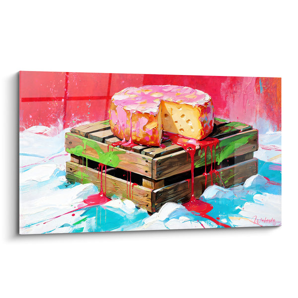 Tableau Meule entamée rose et jaune sur cageot de bois - Coulures vives éclaboussées - Edition Fromage