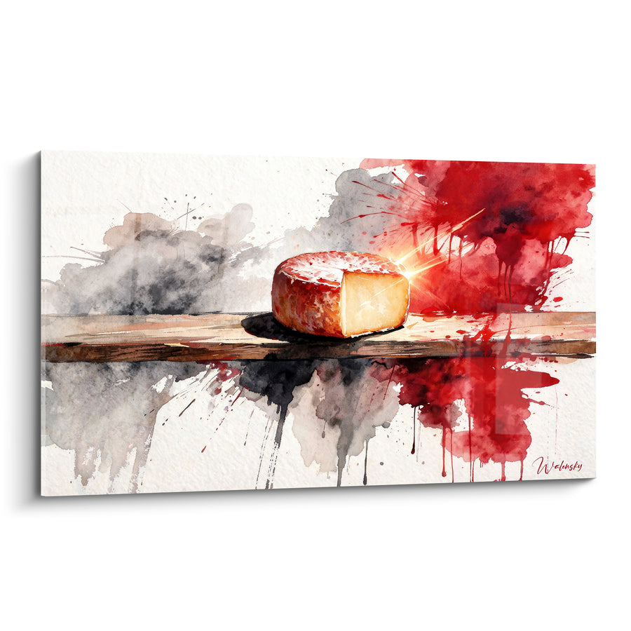 Tableau Meule de fromage rouge et ivoire aux éclaboussures d'encre - Reflet sur planche de bois - Edition Fromage