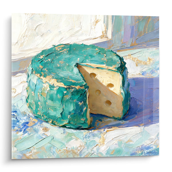 Tableau Meule de fromage turquoise et beige aux trous d'emmental - Croûte givrée d'or - Edition Fromage
