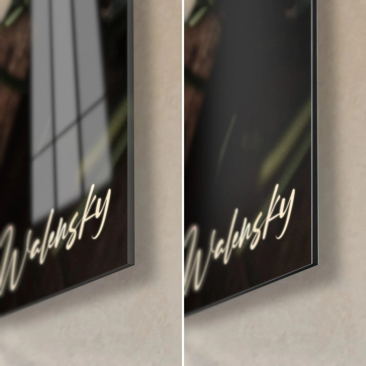 Schilderij kaas met ivoorkleurige pasta, rechtsonder de hoek: glanzend glas links, mat zwart Dibond rechts, dikte 3 mm
