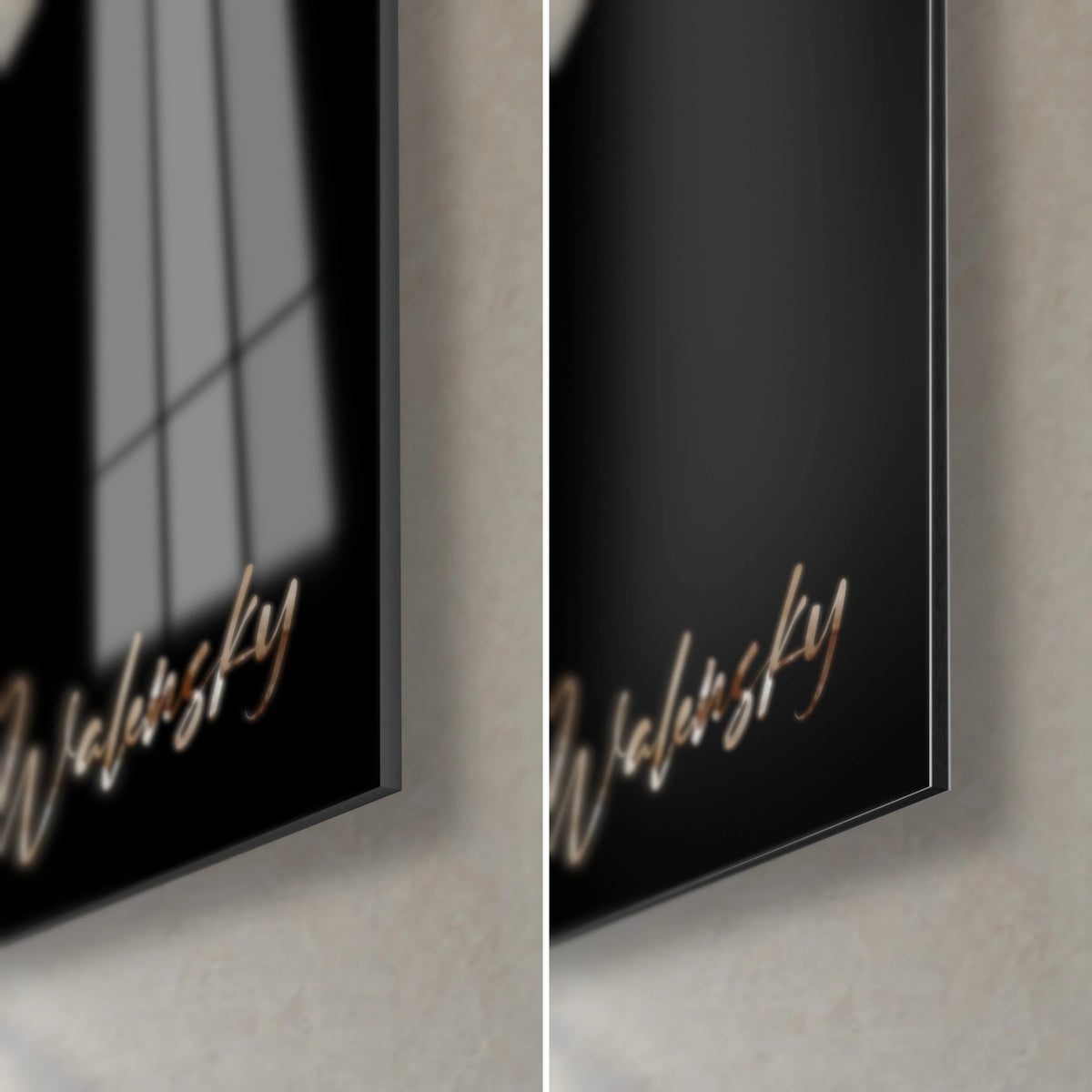 Wall art aged cheese with crinkled grey rind and cream paste on black background, glossy glass corner at bottom left, matte Dibond on the right, Walensky