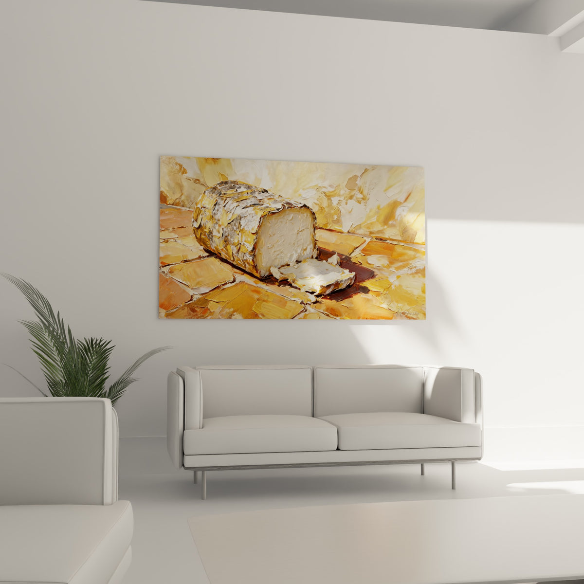 Tableau fromage de chèvre aux nuances terracotta et crème, placé au-dessus d'un canapé dans un salon lumineux