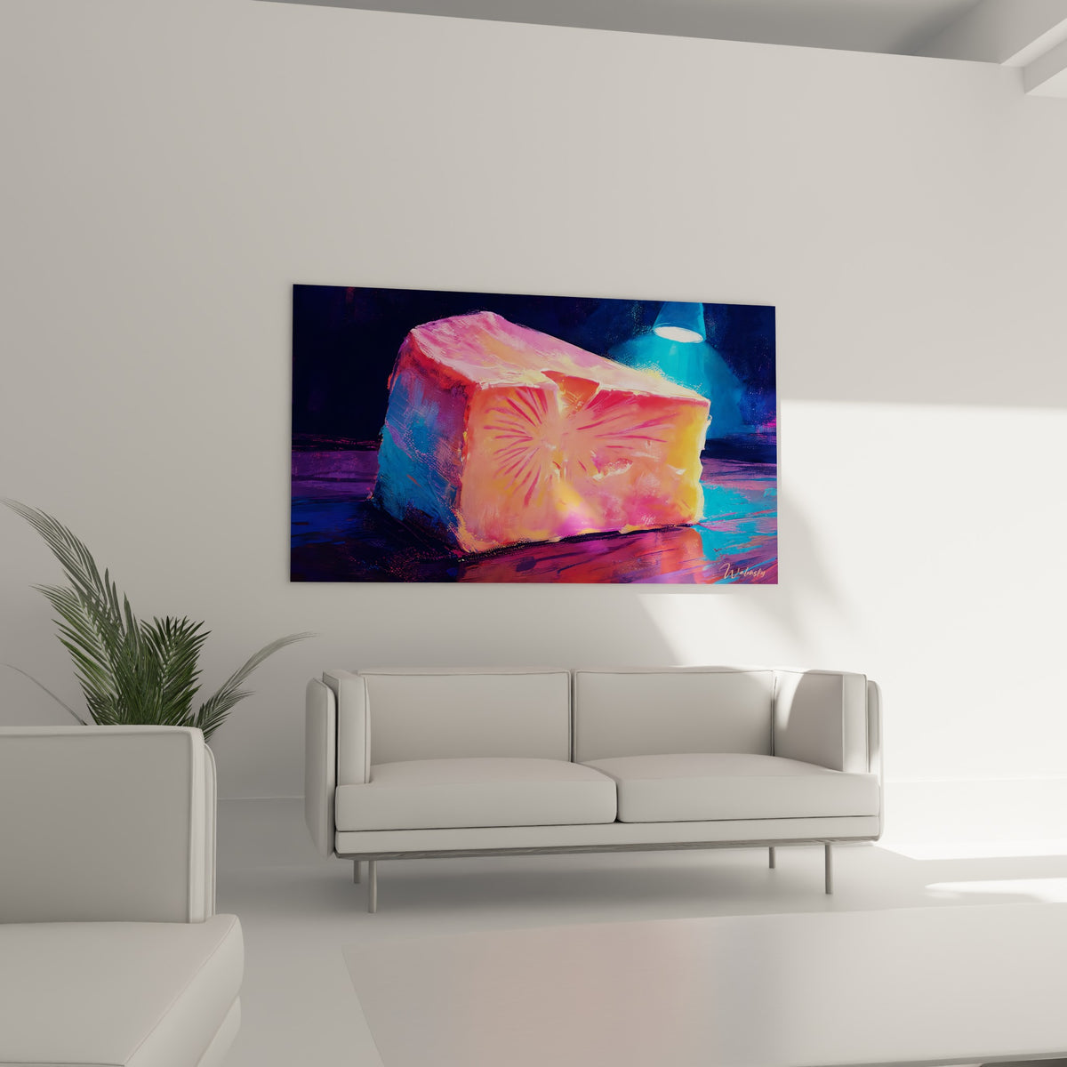 Découpe de fromage orangée et violette suspendue au-dessus d'un canapé dans un salon lumineux