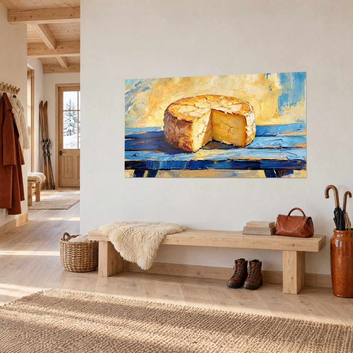 Tableau fromage rond à la croûte dorée craquelée, fond jaune et bleu, accroché sur un mur blanc près d'un banc d'entrée en chalet