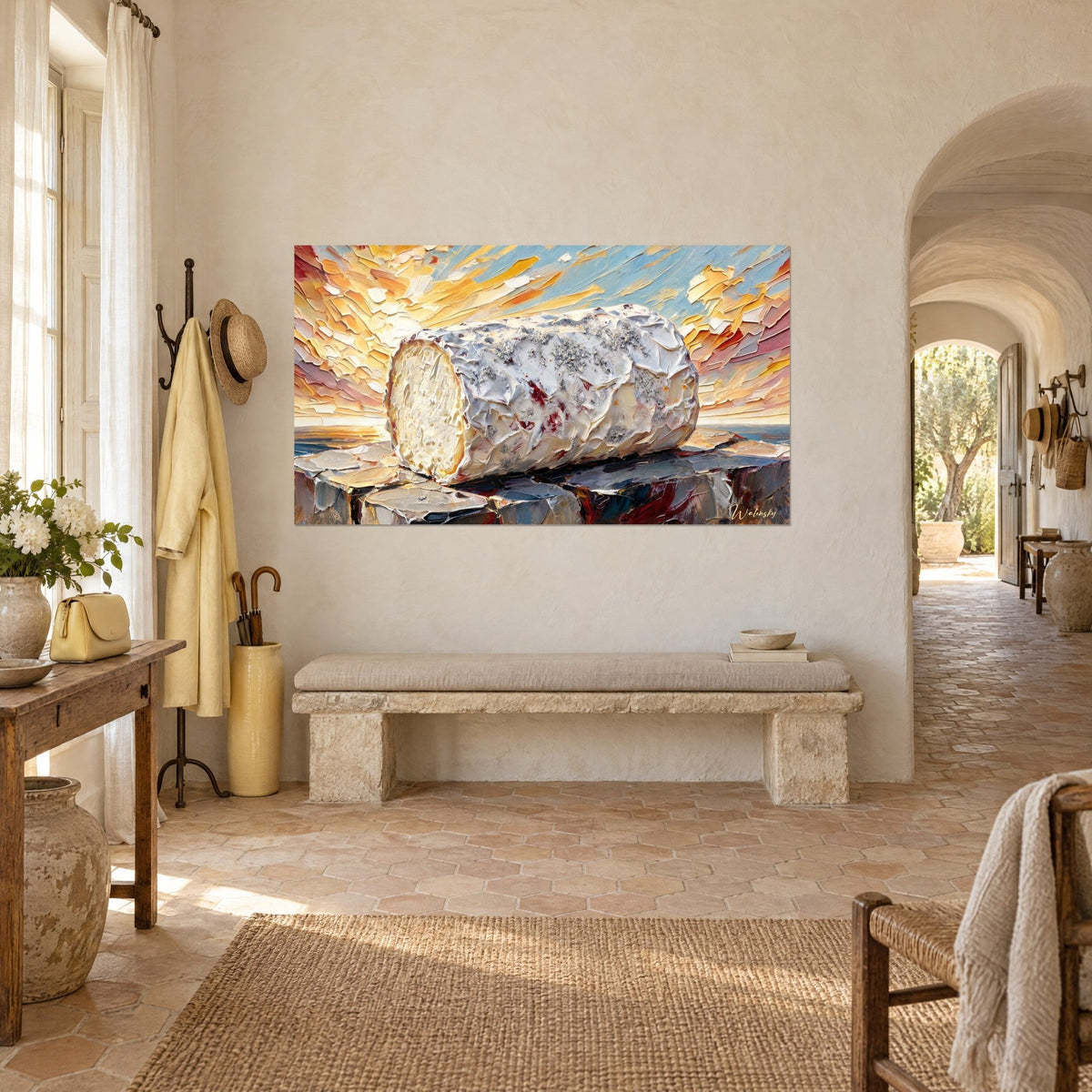 Tableau fromage de chèvre en rondin, pâte ivoire et crème, ciel jaune et bleu, vu de trois-quarts dans un mas provençal