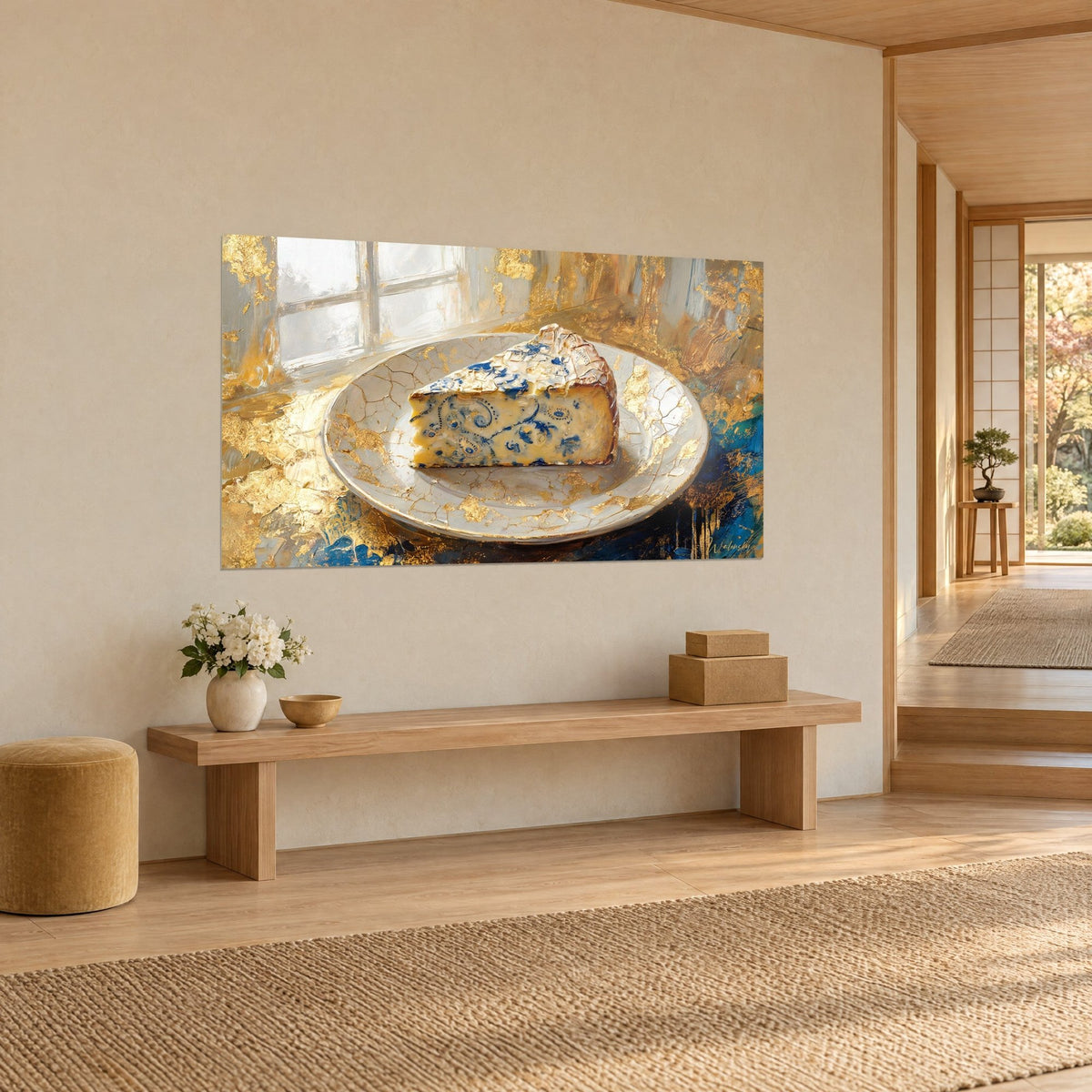 Tableau triangle de fromage ivoire veiné de bleu cobalt, assiette blanche fendillée et feuille d'or, mur beige d'un couloir japandi