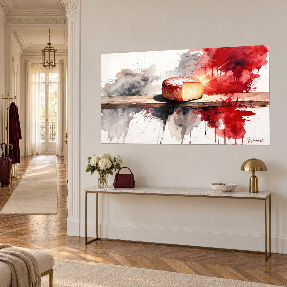 Schilderij aangesneden kaas met oranje korst, scharlakenrode druppels en zwarte inktwolken, op een vergulde console in de Haussmann-stijl hal