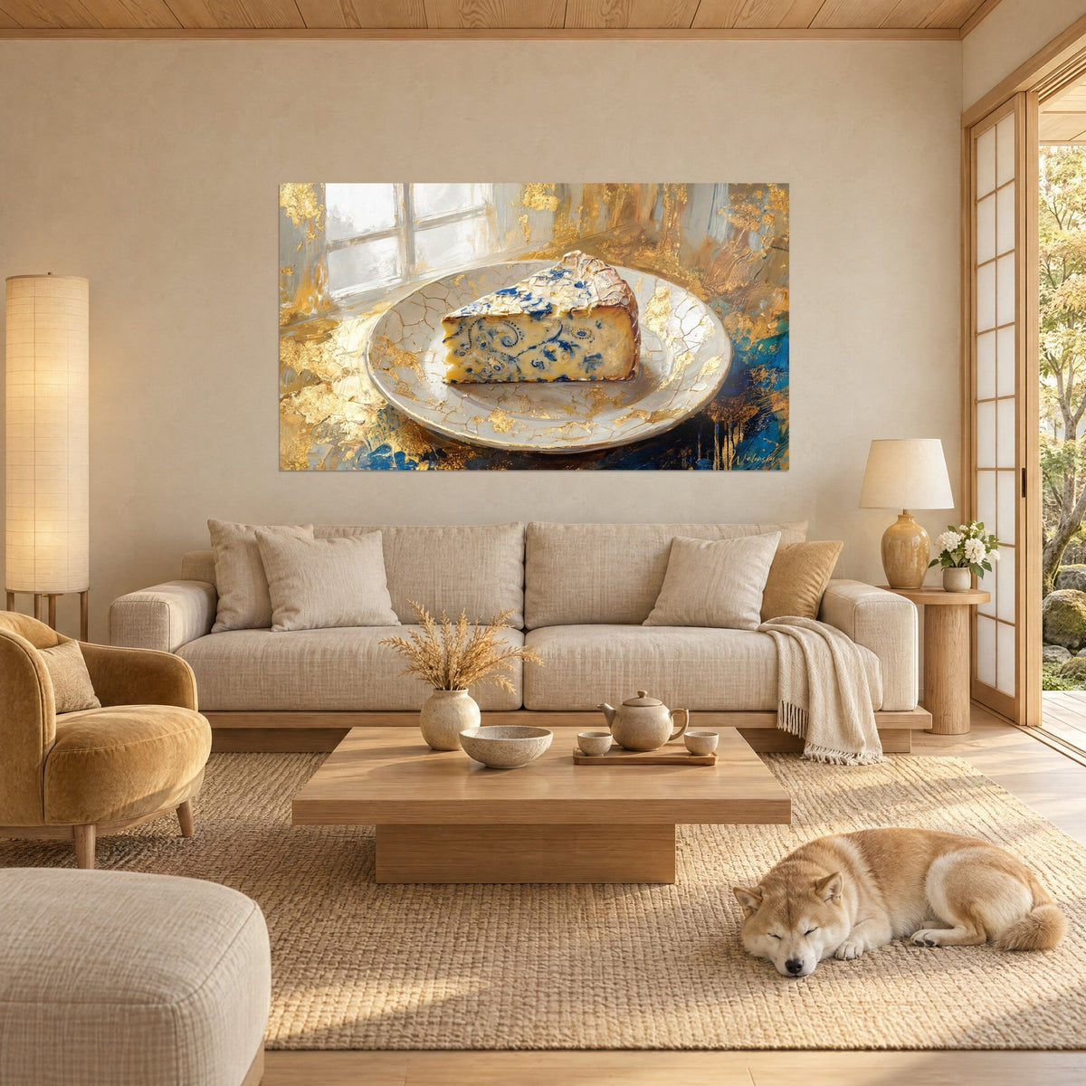 Tableau part de bleu persillé sur assiette craquelée, éclats d'or et touches bleues, shiba endormi, au-dessus d'un canapé dans un salon lumineux