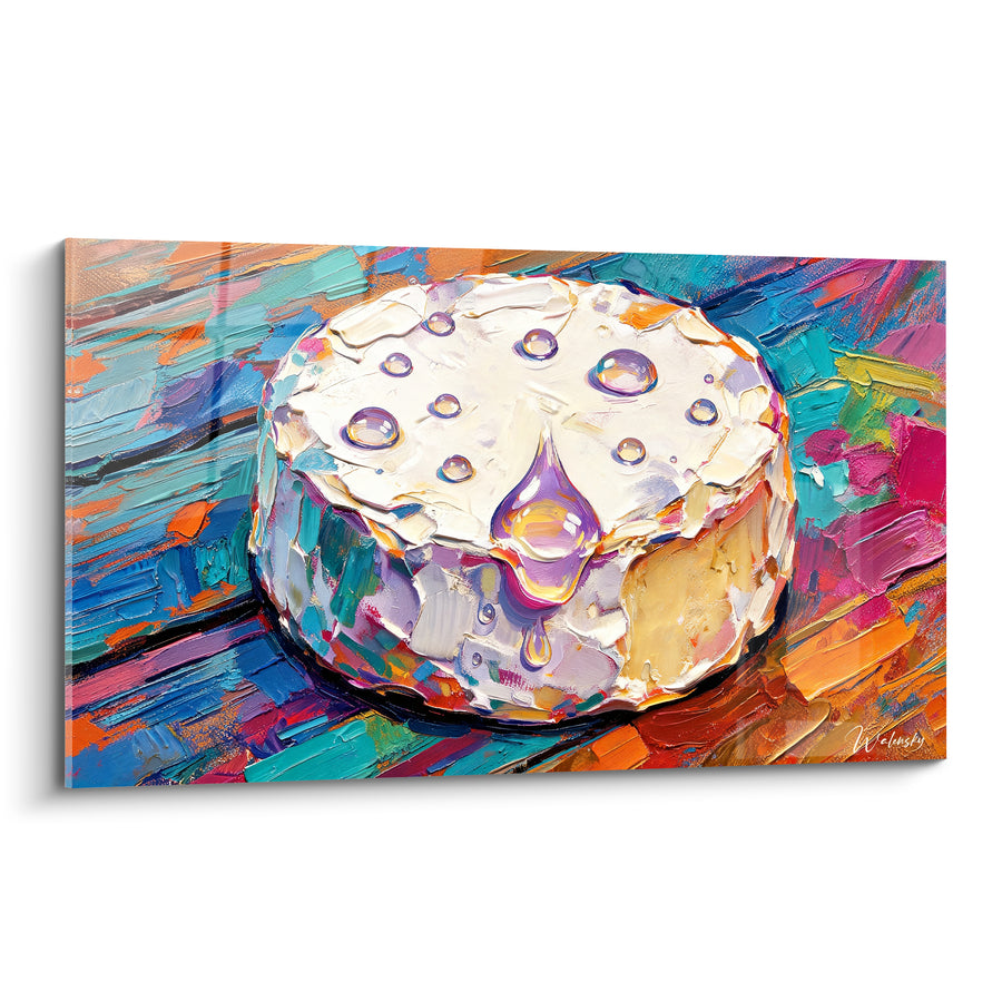 Tableau Meule ronde blanche et violette aux gouttes perlées - Coulure translucide en pointe - Edition Fromage