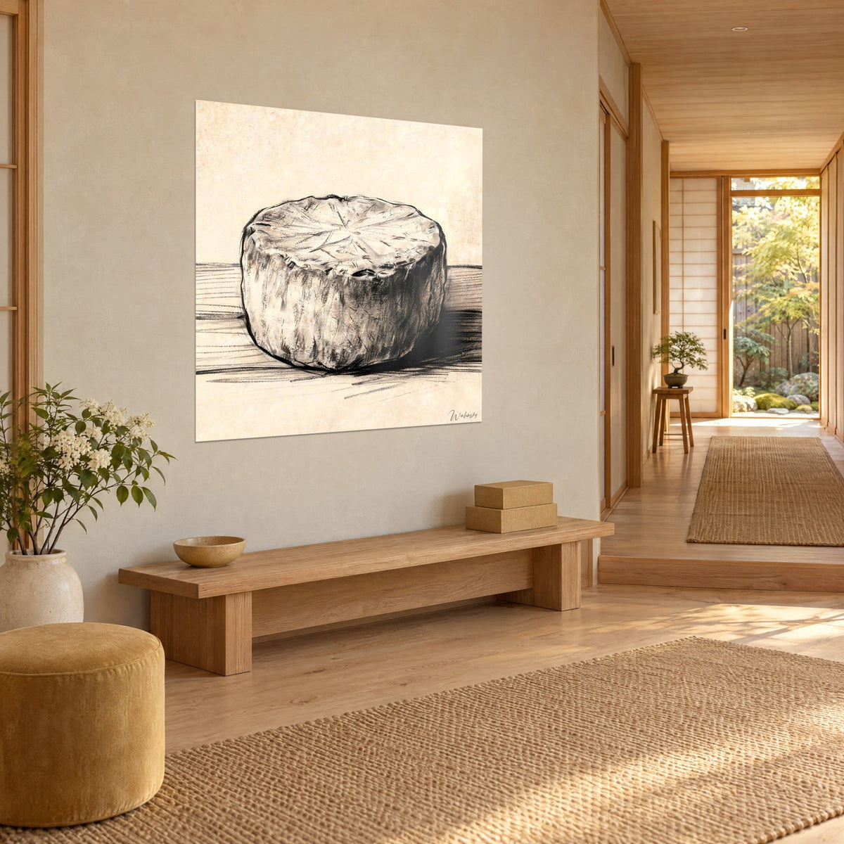 Tableau rond de fromage rustique aux hachures noires et aux ombres grises sur papier ivoire, couloir japandi baigné de soleil