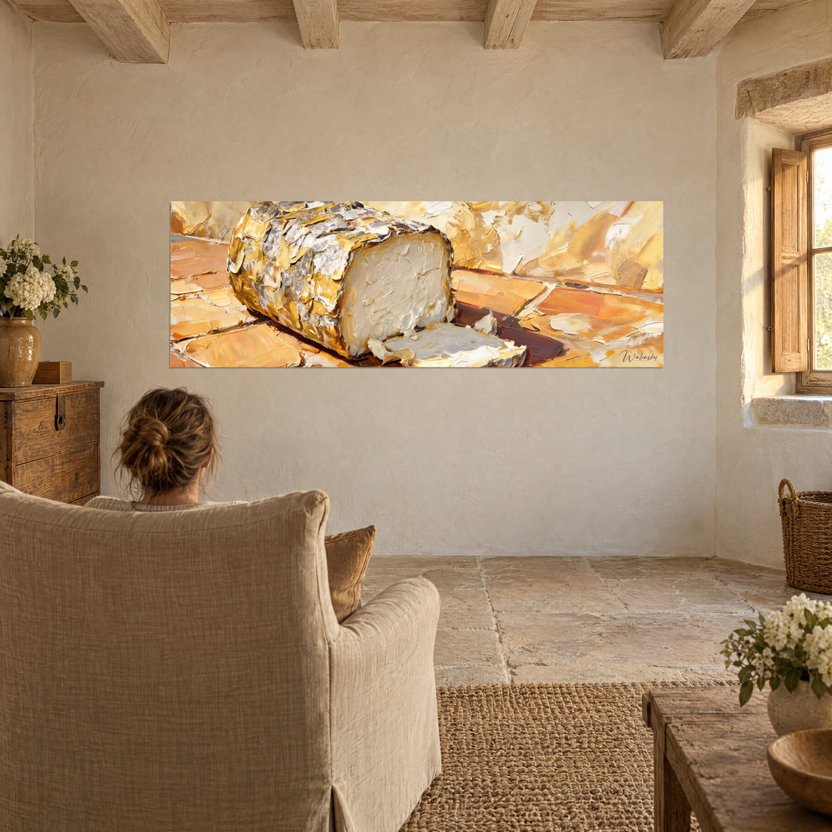 Wall art rustic white cheese and its thin slice, gold rind in flakes, ochre and honey tones, in a living room with stone walls