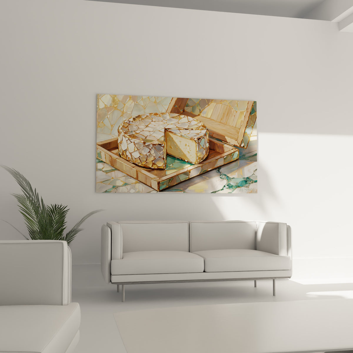 Meule dorée et beige ciselée en fragments scintillants, au-dessus d'un canapé dans un salon lumineux
