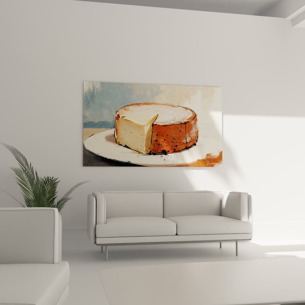 Meule gourmande aux teintes ocre et bleu pastel en fond, au-dessus d'un canapé dans un salon lumineux