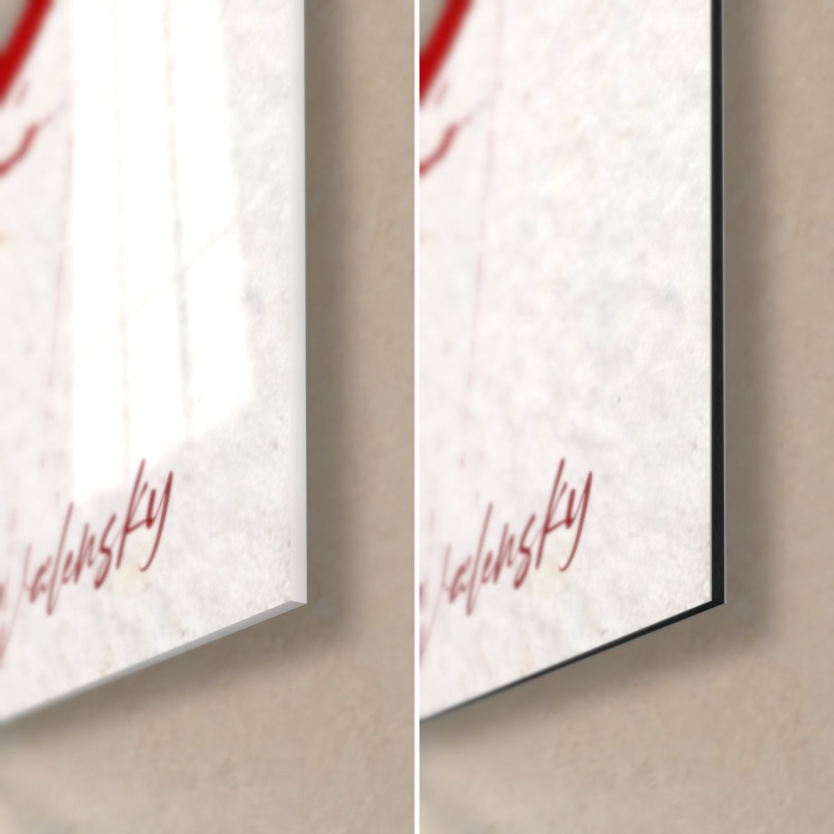 Schilderij crèmekleurig kaasrad, rode Walensky-signatuur rechtsonder: glanzend acrylglas en mat zwart Dibond-aluminium