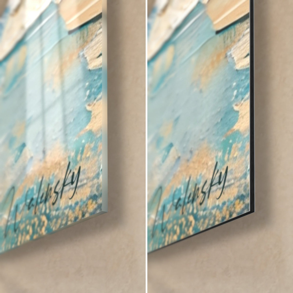 Schilderij kaas in ivoor en turquoise, rechtsonder: glanzend acrylglas links, mat Dibond rechts, rand van 3 mm