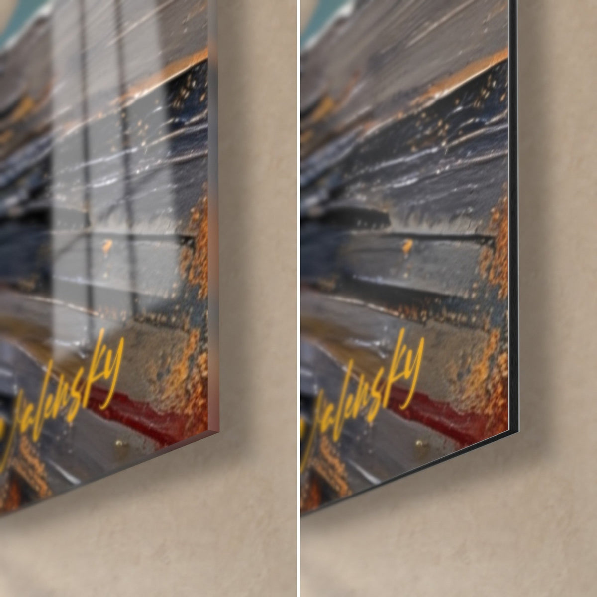 Tableau meule de fromage safran, coin bas droit : tranche de 3 mm, verre brillant et reflets à gauche, Dibond mat à droite