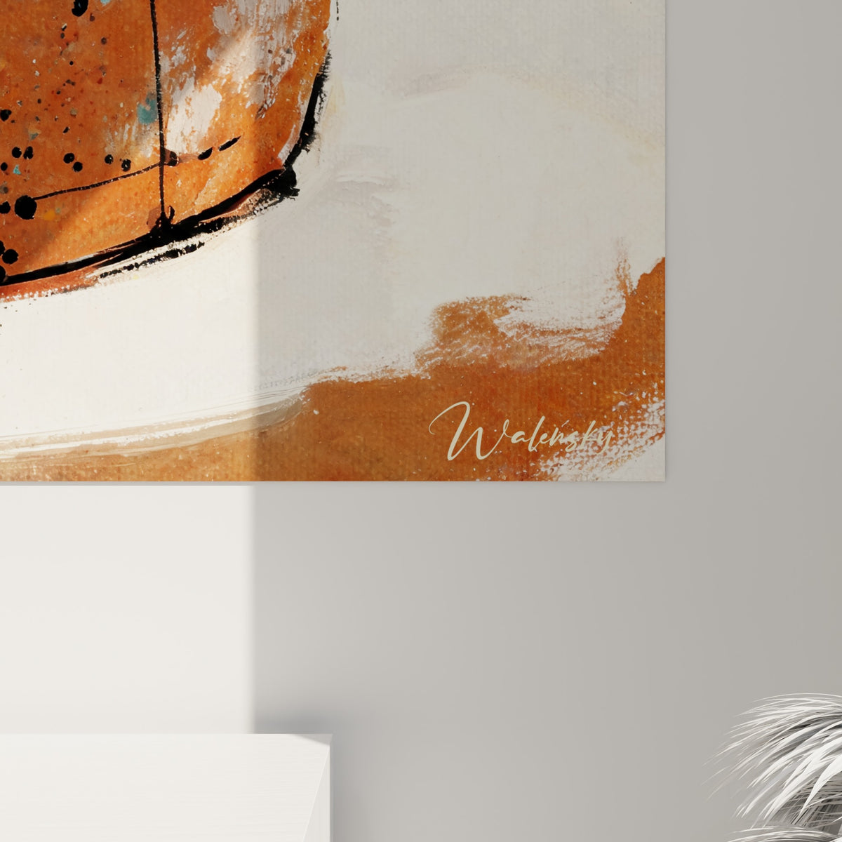 Détail de la croûte terracotta mouchetée de noir et de la pâte crème fondante peintes à touches libres