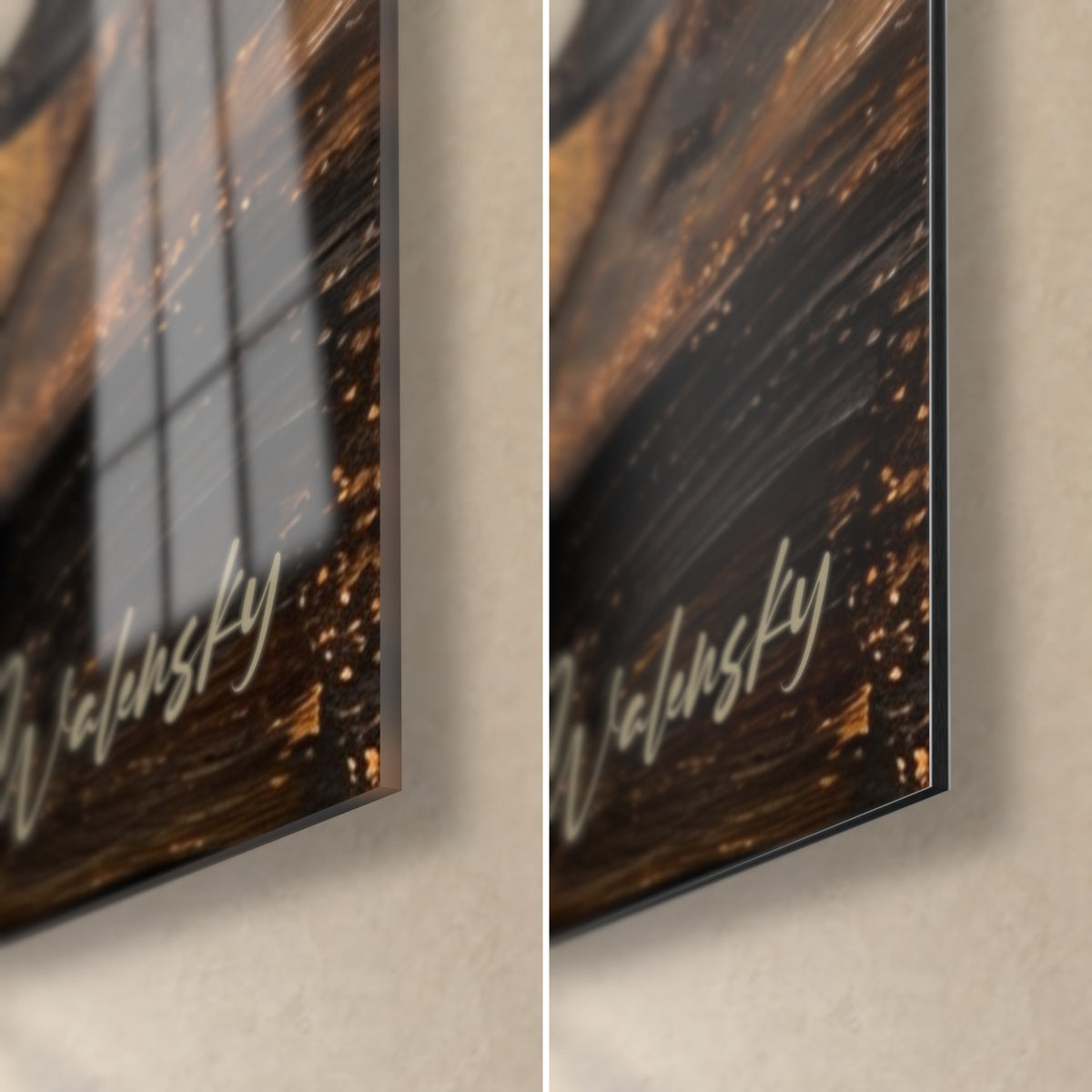 Wall art camembert with ivory rind and golden touches, bottom right corner: glossy glass on the left, matte Dibond on the right, thin edge