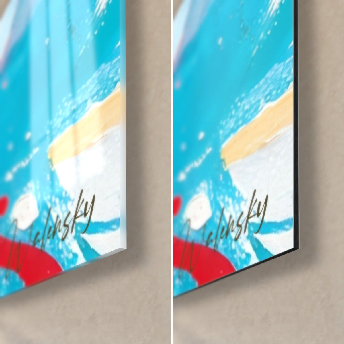 Tableau meule rose et rouge, coin bas droit à vagues turquoise et blanches, verre brillant à gauche, Dibond noir mat à droite