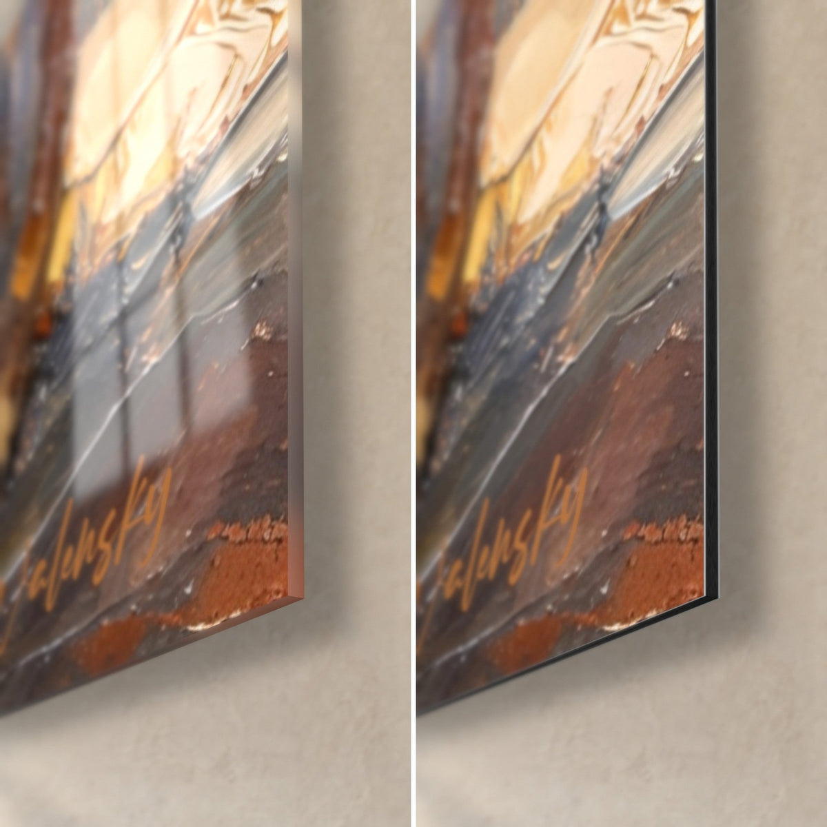 Wall art amber-paste cheese, bottom right corner: ochre and rust impasto, orange signature, 3 mm slice edge, glass and Dibond